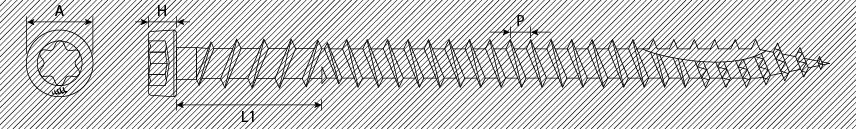 Carpentry wood terrace screws TX trim conical head, two threads - inverted underhead and trilobular - and toothed point type 17